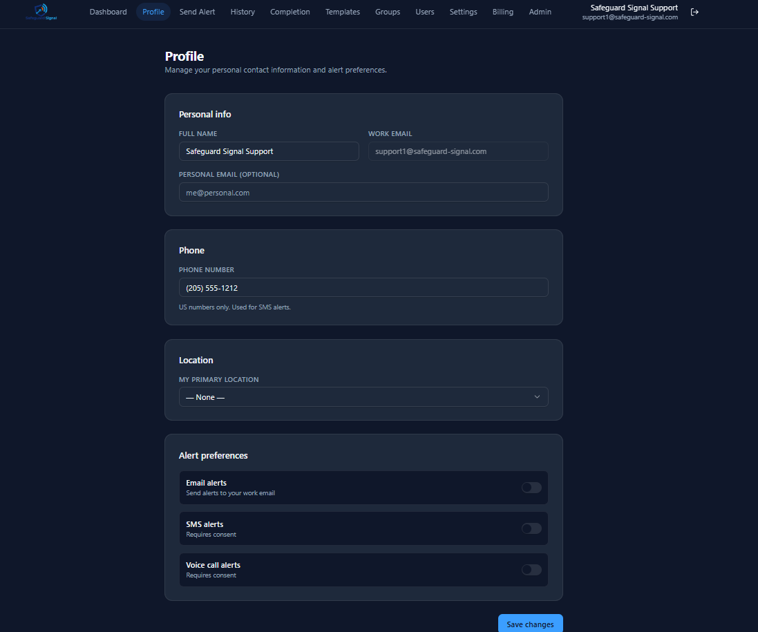Profile page with phone number field