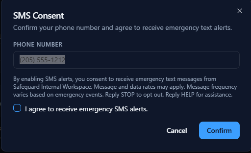 SMS consent modal with unchecked agreement checkbox